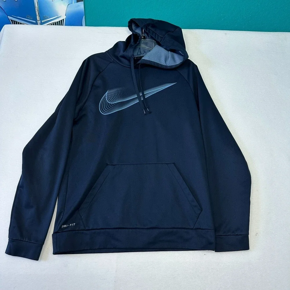 Nike Dri-FIT Mens Navy Blue Pullover Hoodie Graphic Swoosh Size M